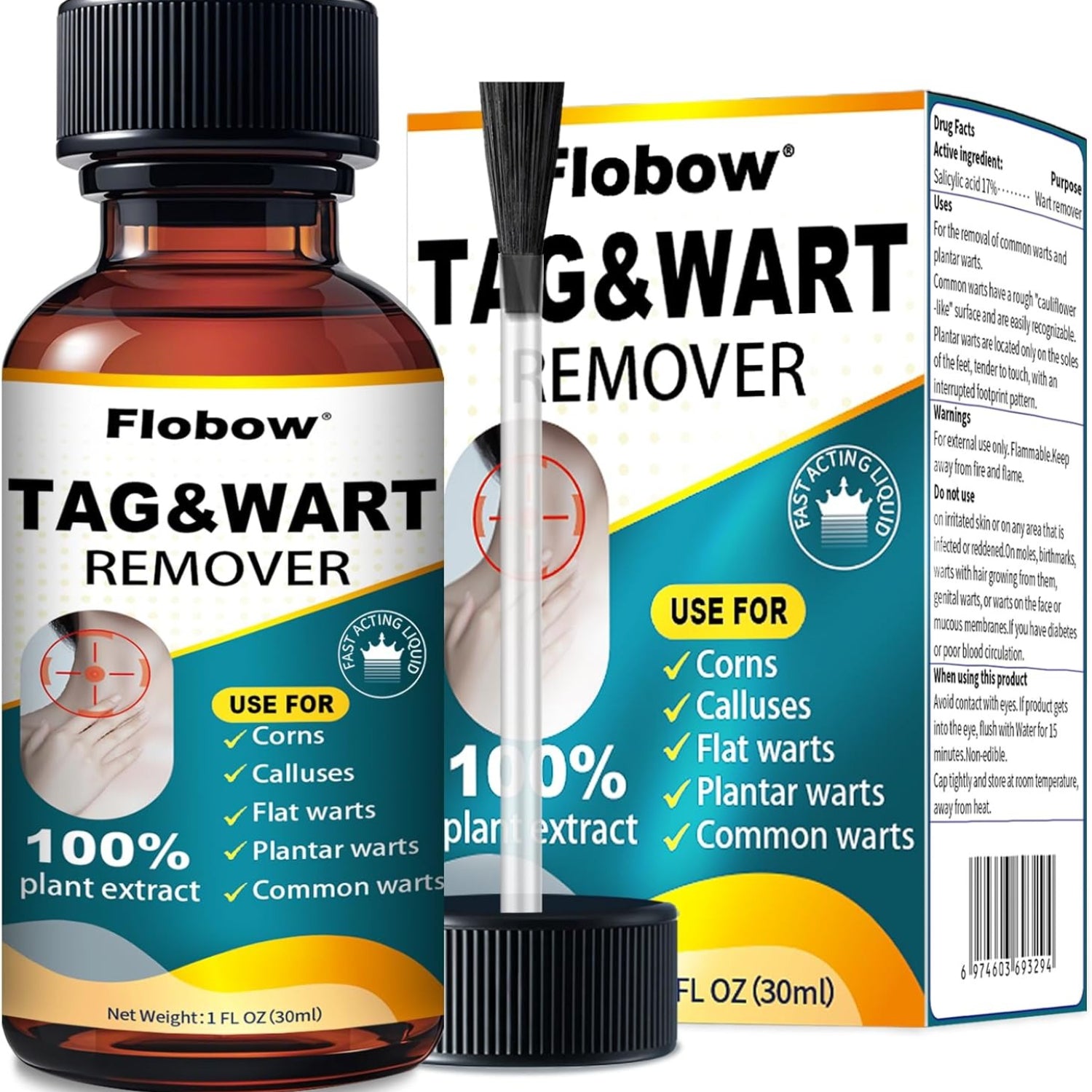 Skin Tag Removal Kit - Fast-Acting Wart Liquid with 17% Salicylic Acid for Men and Women, Targets Plantar Warts, Flat Warts, Common Warts, Age Spots, Corns, and H-Warts (30ml)