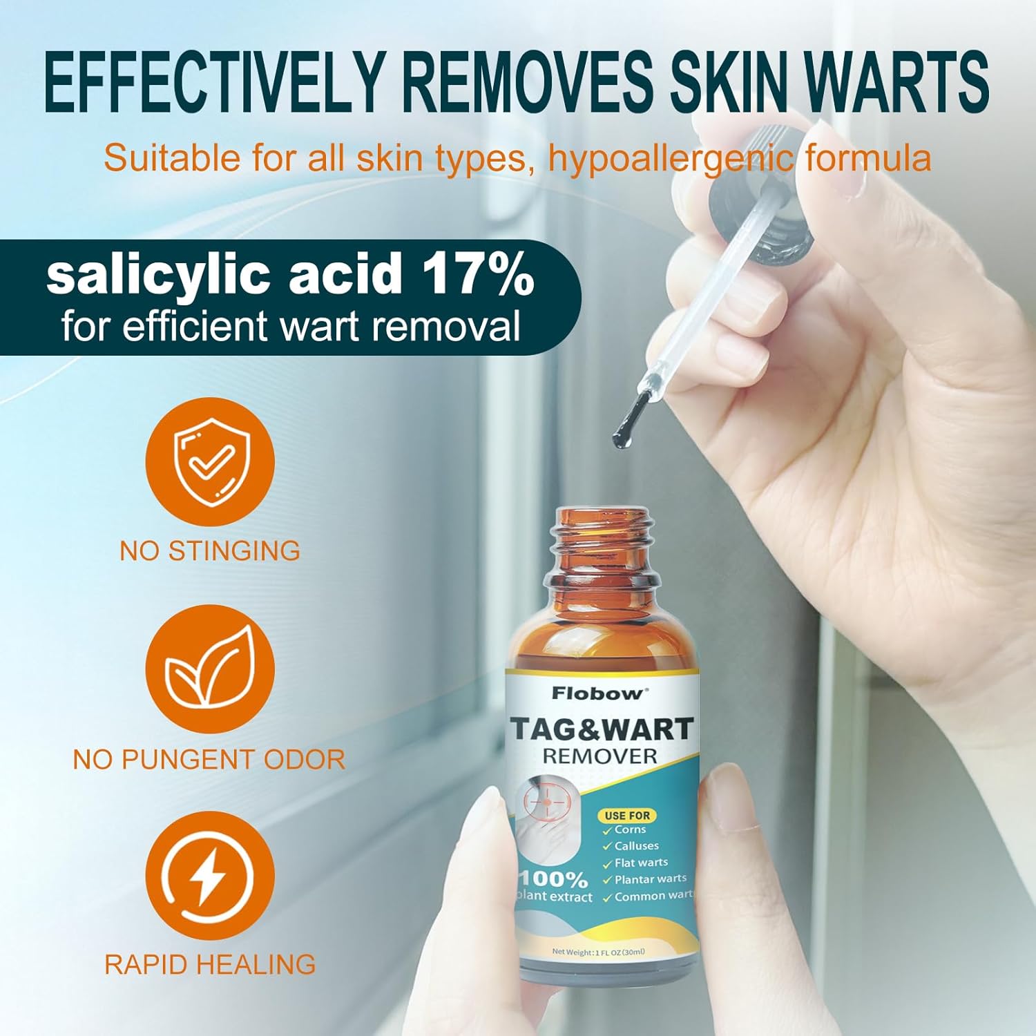 Skin Tag Removal Kit - Fast-Acting Wart Liquid with 17% Salicylic Acid for Men and Women, Targets Plantar Warts, Flat Warts, Common Warts, Age Spots, Corns, and H-Warts (30ml)