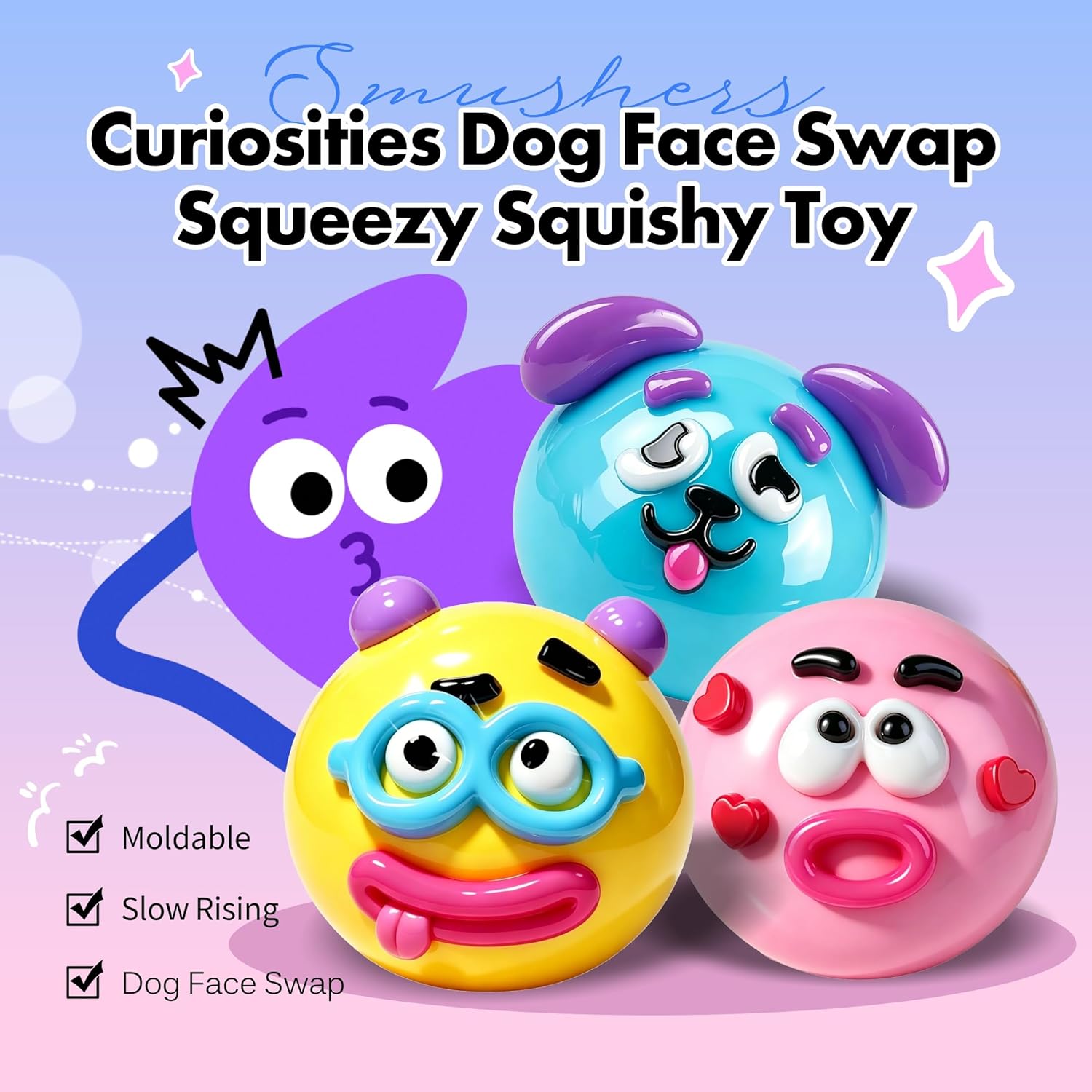 NEW Smushers Squishy with Interchangeable Faces, Funny Curiosities Smushers Dog Face Swap Squishy, Soft Interchangeable Dog Face Swap Stress Relief Sensory Squeeze Toy for Adults